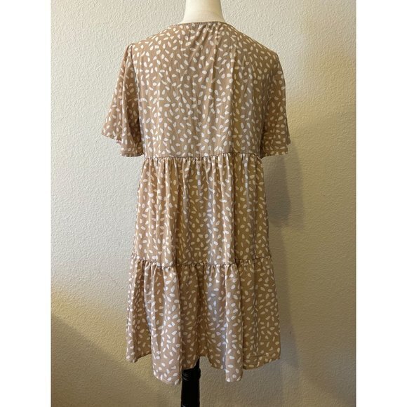 EUC Women's Shein Peasant Dress Khaki Tan‎ White Size Medium - Picture 3 of 13